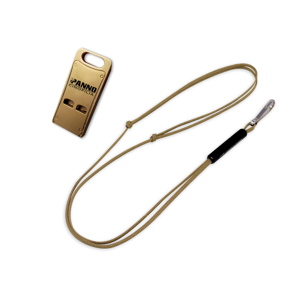 Flat brass whistle with matching whistle holder