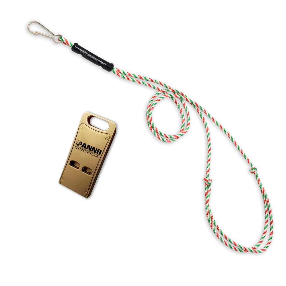 Flat brass whistle with matching whistle holder