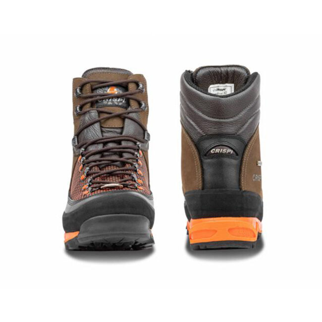 Scarponi Crispi Track GTX marroni con suola arancione Vibram vista frontale
