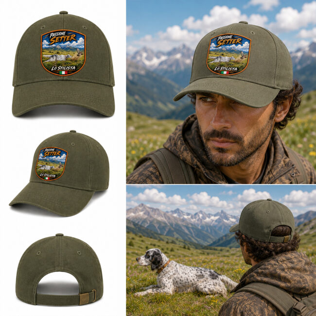 berretto setter inglese in ferma lo stilista con patch effetto ricamo 3D e nome personalizzato ricamato
