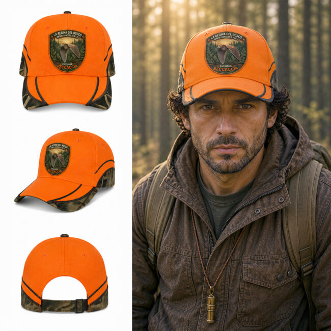 berretto beccaccia in volo con patch effetto ricamo 3D bordo arancio e nome personalizzato ricamato