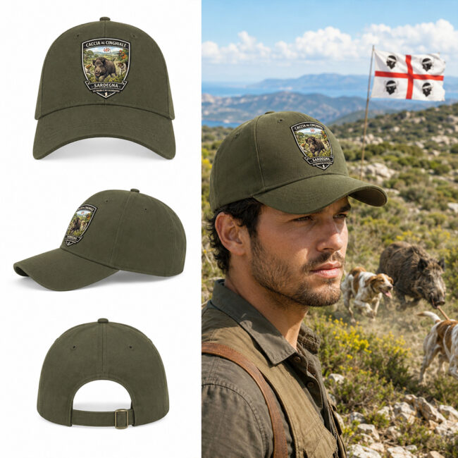 berretto caccia al cinghiale Sardegna con patch effetto ricamo 3D cinghiale cani e nome personalizzato ricamato